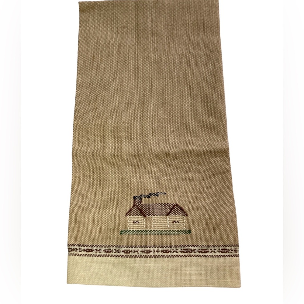 Log Cabin Decorative Embroidered Linen Hand Towel Farmhouse Decor Beige Brown